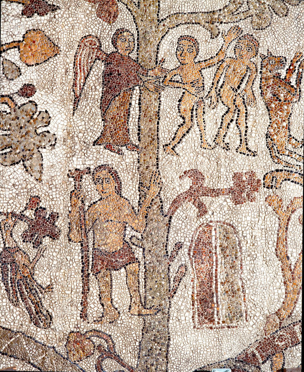 آدم وحواء يصطادان فسيفساء جنة الأرض في بانتاليوني ، كاهن وفسيفساء. 1163-1166. صحن الكنيسة المركزي لكاتدرائية أوترانتو بواسطة بانتاليون