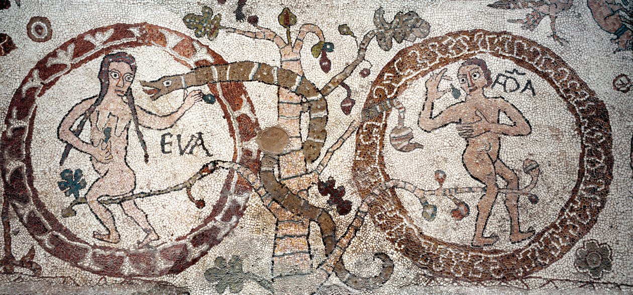 إغراء آدم وحواء فسيفساء بانتاليوني ، كاهن وفسيفساء. 1163-1166. صحن الكنيسة المركزي لكاتدرائية أوترانتو (أوترانتو) ، إيطاليا بواسطة Pantaleon Pantaleon