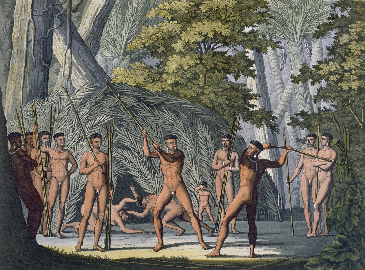 قبيلة Botocudos في ريو غراندي ، باراغواي ، من "Le Costume Ancien et Moderne" ، بقلم Jules Ferrario ، تم نشرها في 1820s-30s (نقش الألوان) (انظر أيضًا 177059) بواسطة باولو فوماجالي