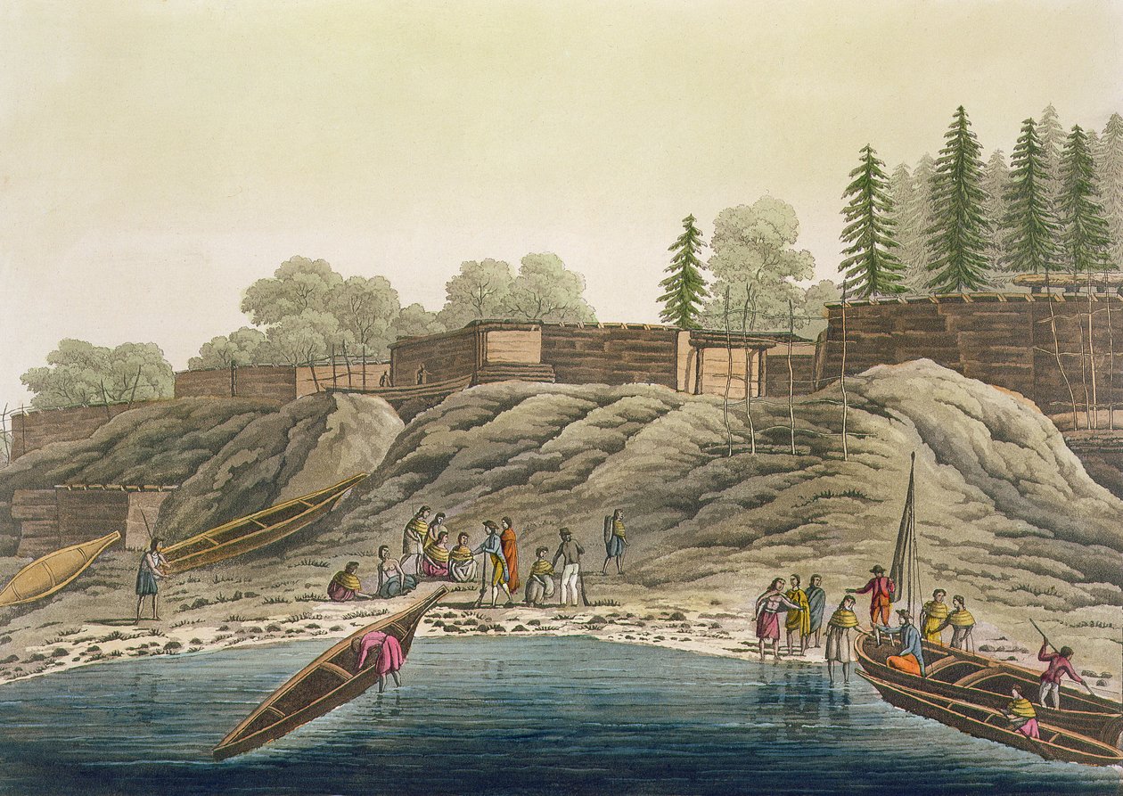 هنود Nutka يتبادلون الهدايا مع المستكشفين الأوروبيين أو صائدي الحيتان ، من `` Le Costume Ancien et Moderne &39;&39; ، المجلد الأول ، اللوحة 18 ، بقلم جولز فيراريو ، تم نشره في 1820s-30s بواسطة باولو فوماجالي