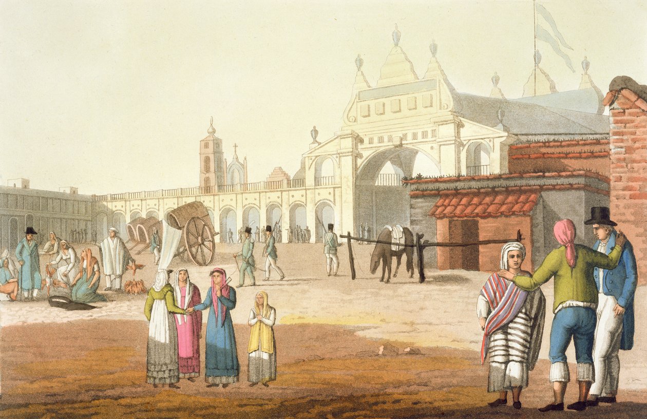 Piazza del Mercato ، بوينس آيرس ، الأرجنتين ، من "Le Costume Ancien et Moderne" ، المجلد الثاني ، اللوحة 1 ، بقلم جول فيراريو ، تم نشره في 1820s-30s بواسطة باولو فوماجالي