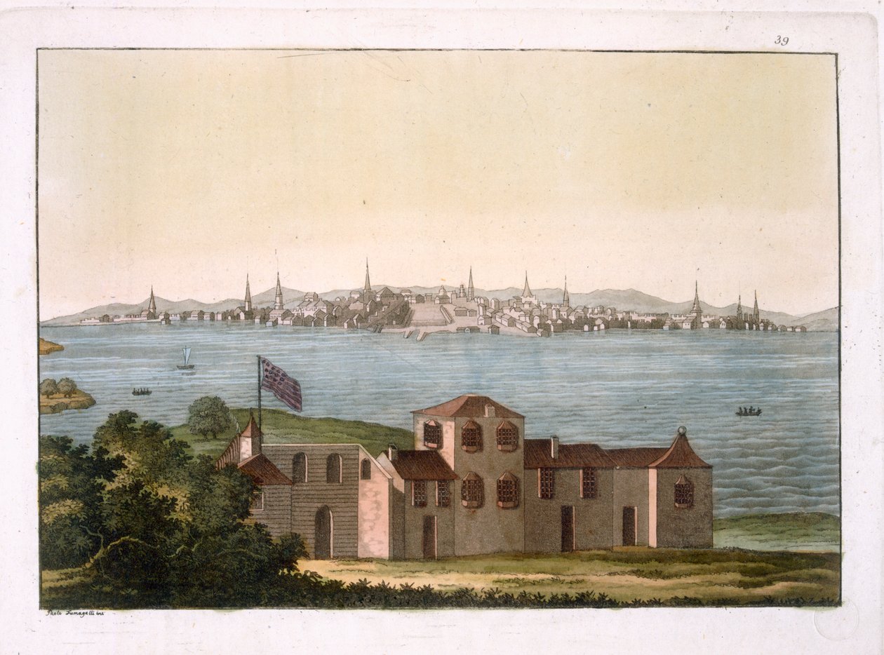 منظر لبوسطن ، من "Le Costume Ancien et Moderne" ، المجلد 1 ، اللوحة 39 ، بقلم جول فيراريو ، تم نشره في 1820s-30s (نقش الألوان) بواسطة باولو فوماجالي