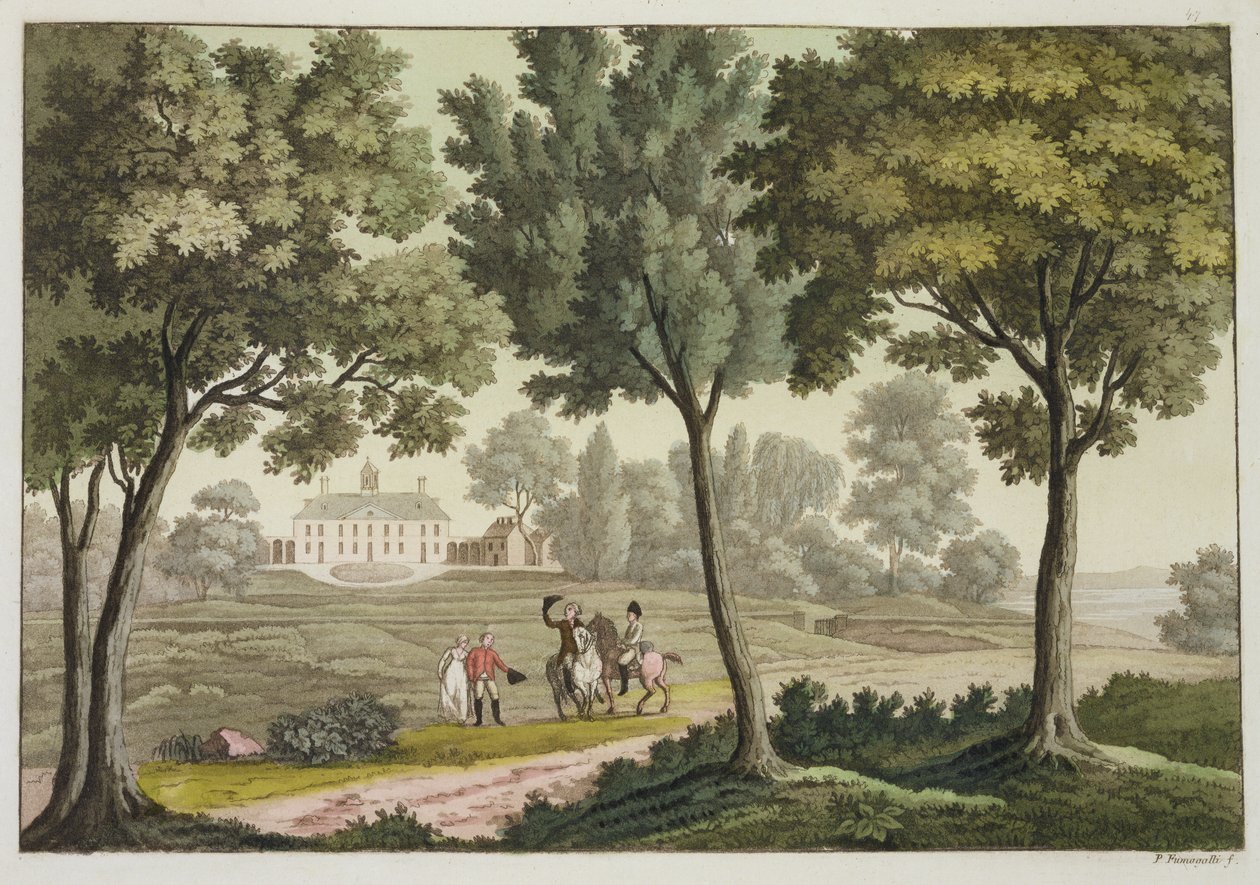 منزل واشنطن في جبل فيرنون ، من "Le Costume Ancien et Moderne" ، اللوحة 39 ، بقلم Jules Ferrario ، تم نشره في 1820s-30s (النقش بالألوان) بواسطة باولو فوماجالي