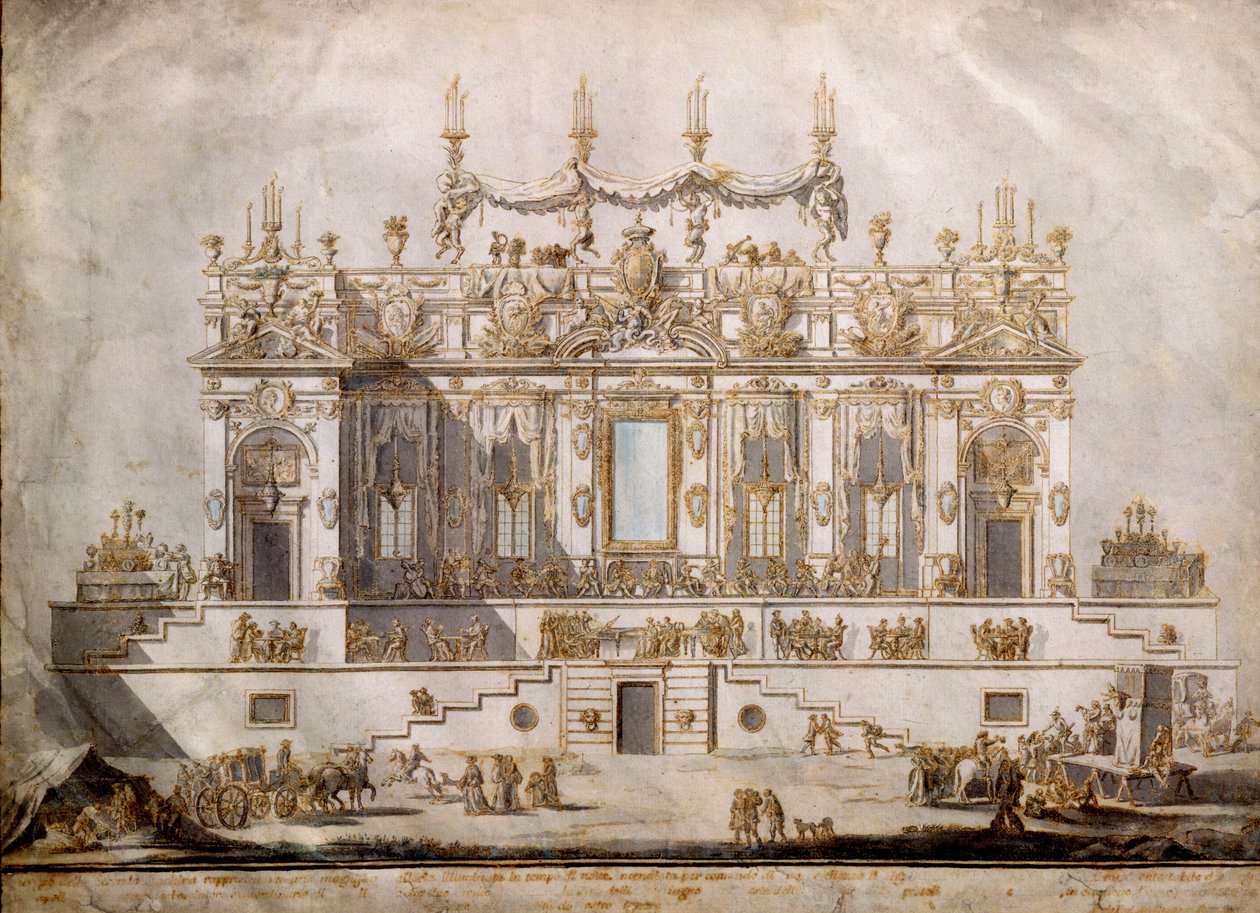 مقطع عرضي لبيت كبير ، تصميم Festa della Chinea ، رسمه G. Palazzi (c.1740-76) ، 1764 (قلم وحبر وغسل على ورق) بواسطة باولو بوسي