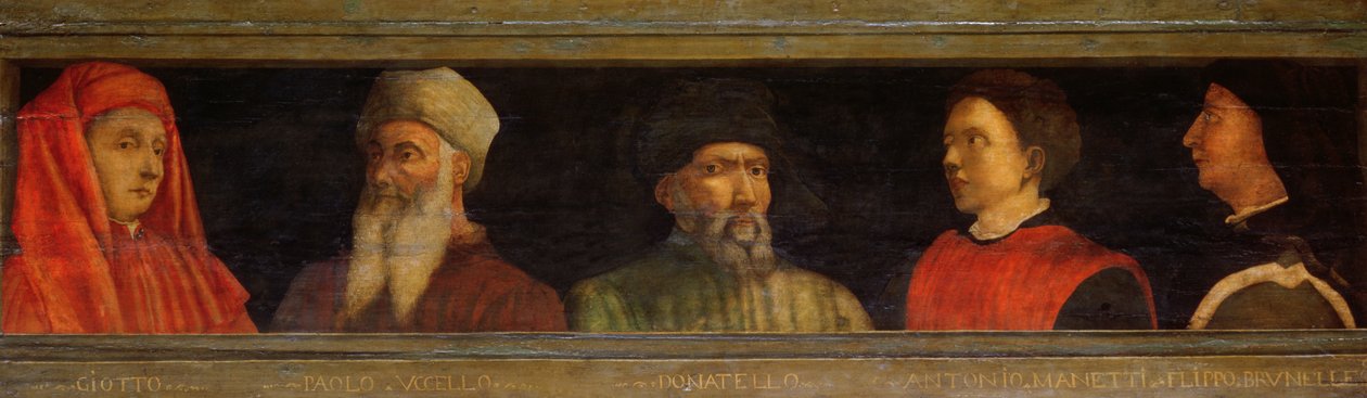 صور جيوتو (c.1266-1337) Uccello و Donatello (c.1386-1466) Manetti (c.1405-60) و Brunelleschi (1377-1446) (درجة الحرارة على اللوحة) بواسطة باولو أوشيلو
