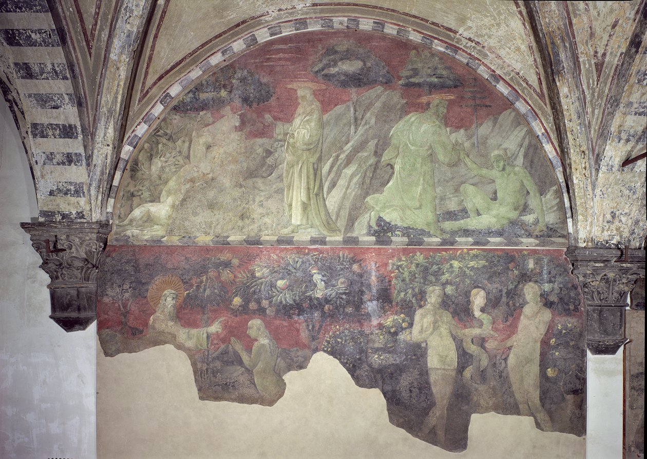 خلق الحيوانات وآدم (القسم العلوي) خلق حواء والخطيئة الأصلية (القسم السفلي) نظارة بواسطة باولو أوشيلو