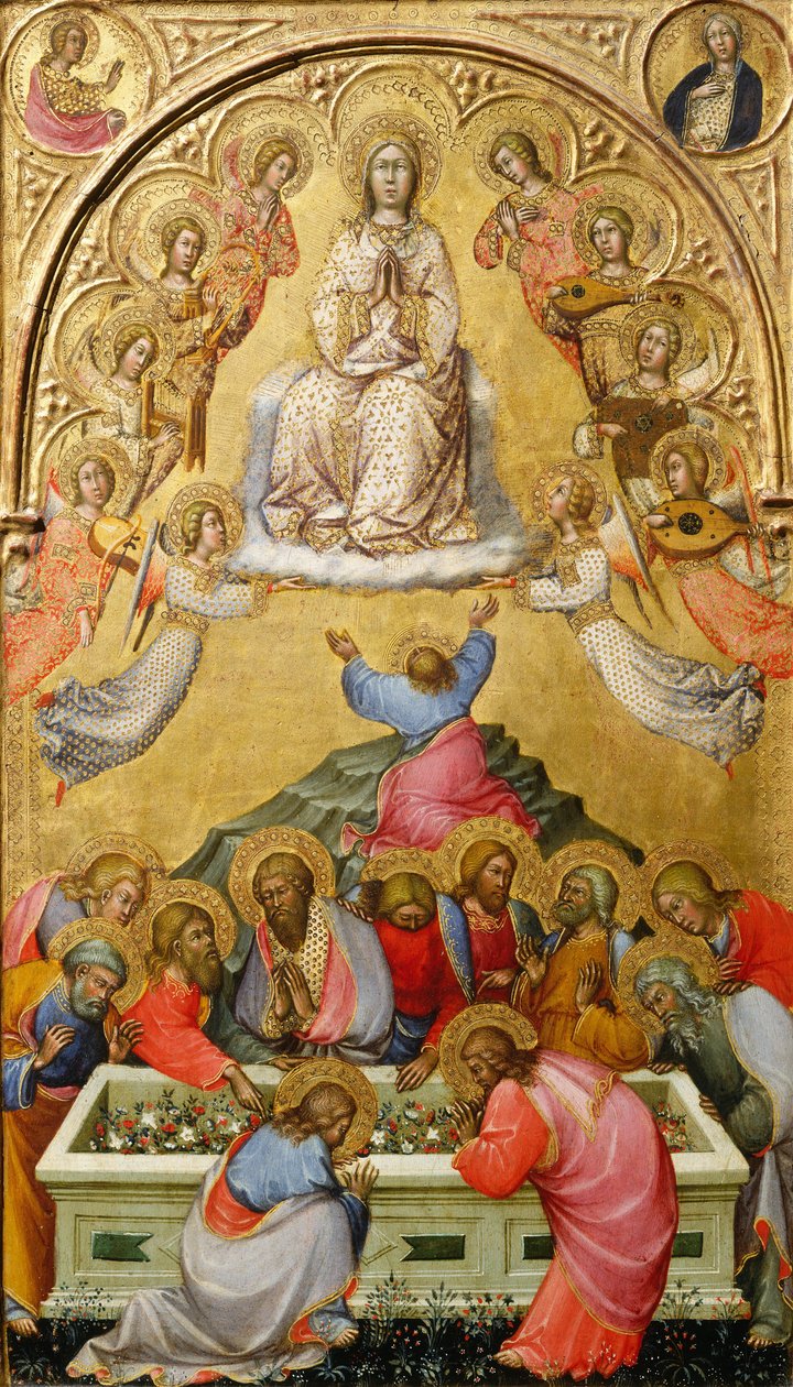 صعود العذراء مع تمثال نصفي لرئيس الملائكة جبرائيل وعذراء البشارة ، c.1400-5 (درجة الحرارة على اللوحة) بواسطة باولو دي جيوفاني فاي