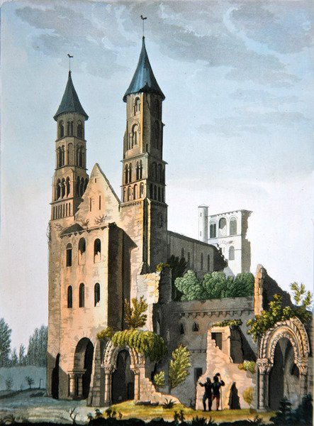 The Abbey of Jumieges ، من 'Le Costume Ancien et Moderne' بقلم Jules Ferrario ، تم نشره من 1820s إلى 30s (لون ليثو) بواسطة باولو فوماجالي