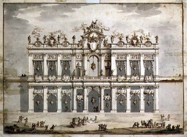 تصميم واجهة ، ربما لـ "Festa della Chinea" عام 1766 (قلم وحبر بني وغسل بالورق) بواسطة باولو بوسي