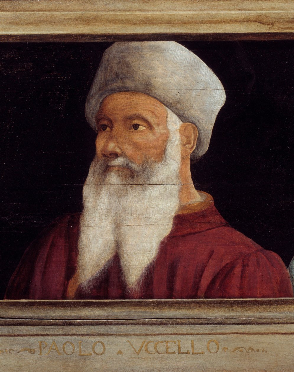 Cassone featuring 5 portraits of the Master of the Florentine Renaissance detail with the portrait of Paolo di Dono (1397-1475) called Paolo Uccello. The inscription below is probably successive. Musee du Louvre, Paris - Cassone panel with five portraits o بواسطة باولو أوشيلو