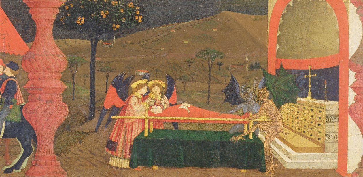 Predella من تدنيس المضيف: جسد الرهن اليهودي تحت حراسة الملائكة والشياطين ، حوالي 1468 (تمبرا على اللوحة) (التفاصيل) بواسطة باولو أوشيلو