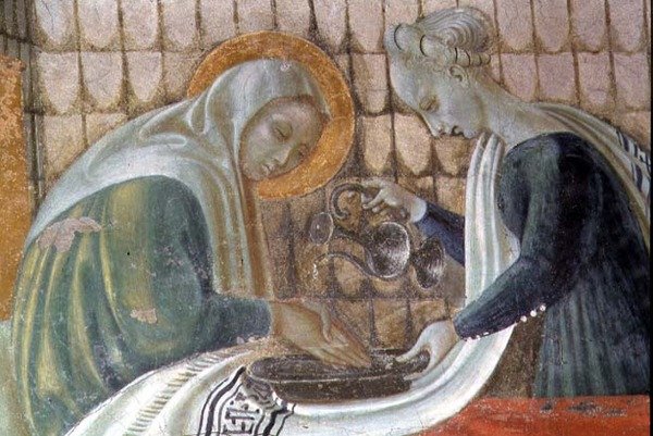 ميلاد العذراء ، التفاصيل التي تصور القديسة آن تغسل يديها ، من كنيسة العذراء ، 1433-1434 بواسطة باولو أوشيلو