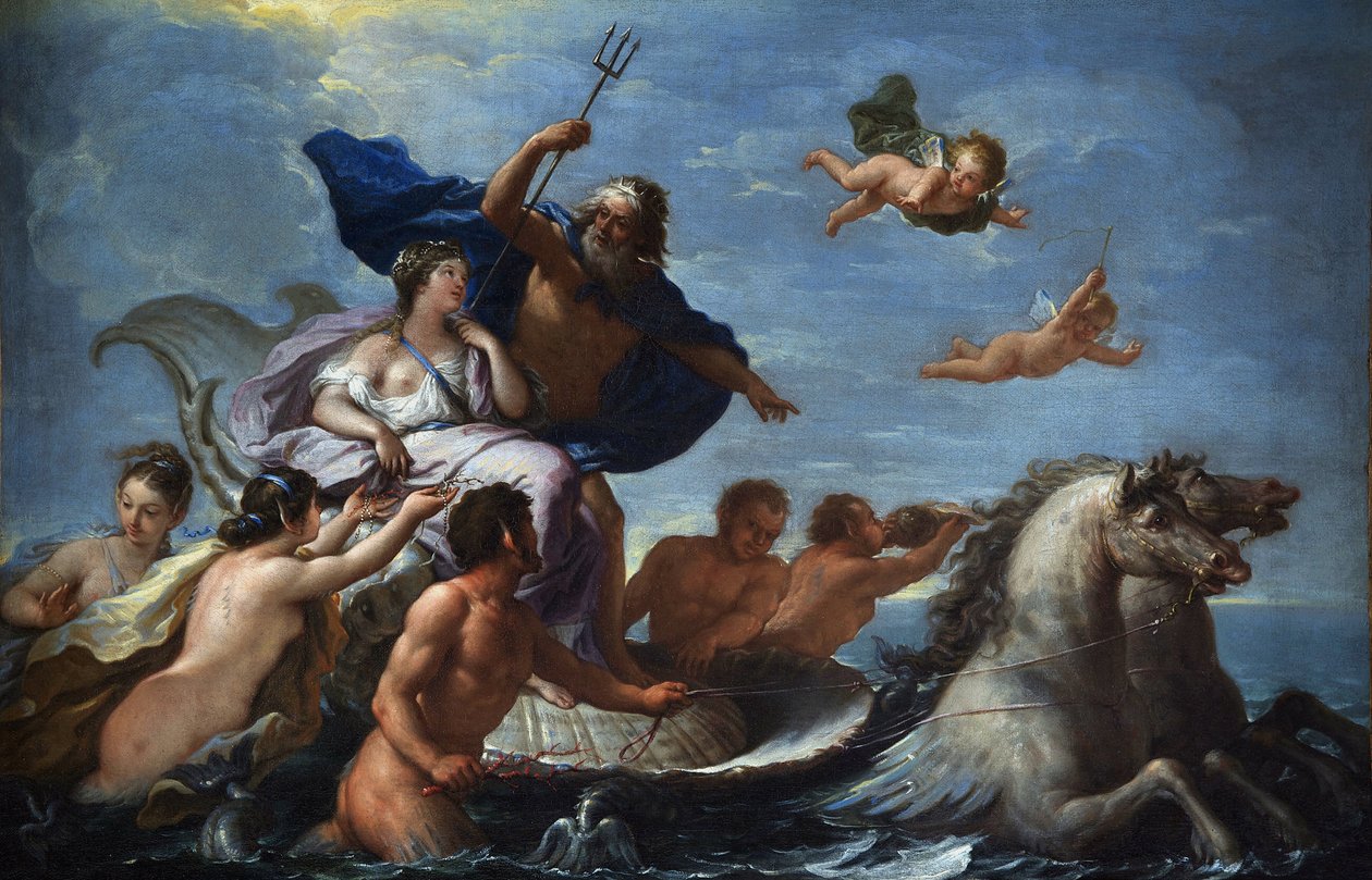 De Matteis، Paolo (1662-1728) انتصار نبتون وأمفيتريت زيت على قماش الباروك إيطاليا ، مدرسة Neaple Villa Margherita ، Bordighera 51x76 لوحة بواسطة باولو دي ماتيس