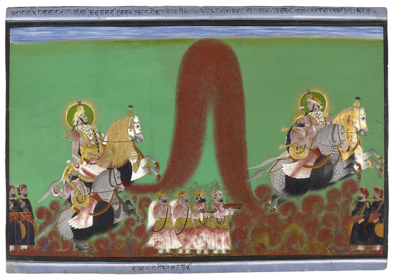 ماهارانا شامبهو سينغ من Mewar لعب هولى ، 1868-69 (غواش بالذهب على ورق) بواسطة باراسورام باراسورام