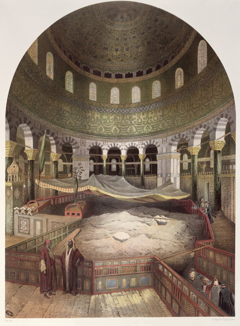 منظر داخلي لمسجد عمر ، رسم توضيحي من Souvenirs de Jerusalem من قبل Contre-Amiral Paris ، محفور بواسطة Hubert Clerget (1818-99) و Jules Gaildrau (1816-98) بواسطة باريس