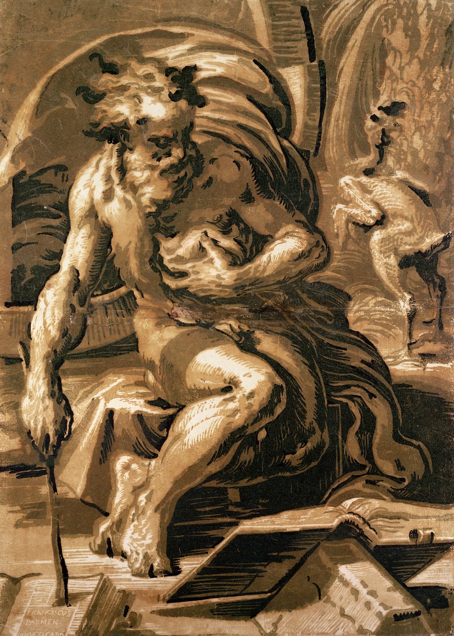 Diogenes ، محفورة بواسطة Ugo da Carpi (147080-1532) (قطع خشبية chiaroscuro) بواسطة بارميجيانينو