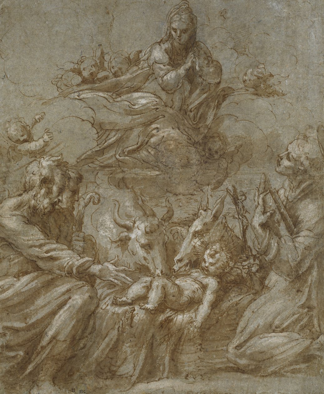 ميلاد المسيح (قلم وحبر بني مغسول باللون الرمادي ومرتفع بلون أبيض على ورق أزرق رمادي) بواسطة بارميجيانينو