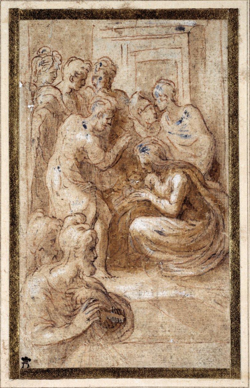 Adoration of the Holy Family in an interior (pen & brown ink with brown wash and white heightening on cream paper) بواسطة بارميجيانينو