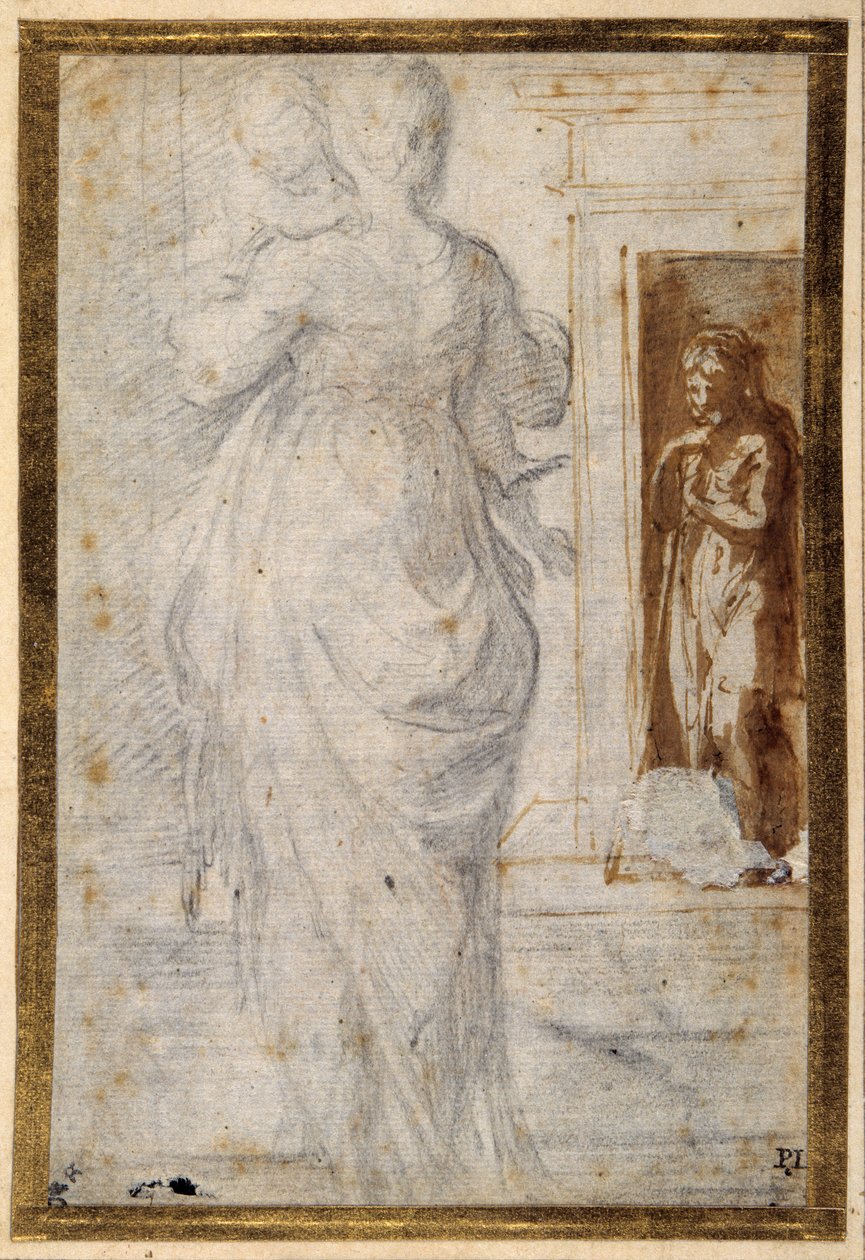 Back view of a woman carrying a child; a man leaning on his staff waits in a doorway (black chalk with pen & brown ink & bown wash on white paper) بواسطة بارميجيانينو