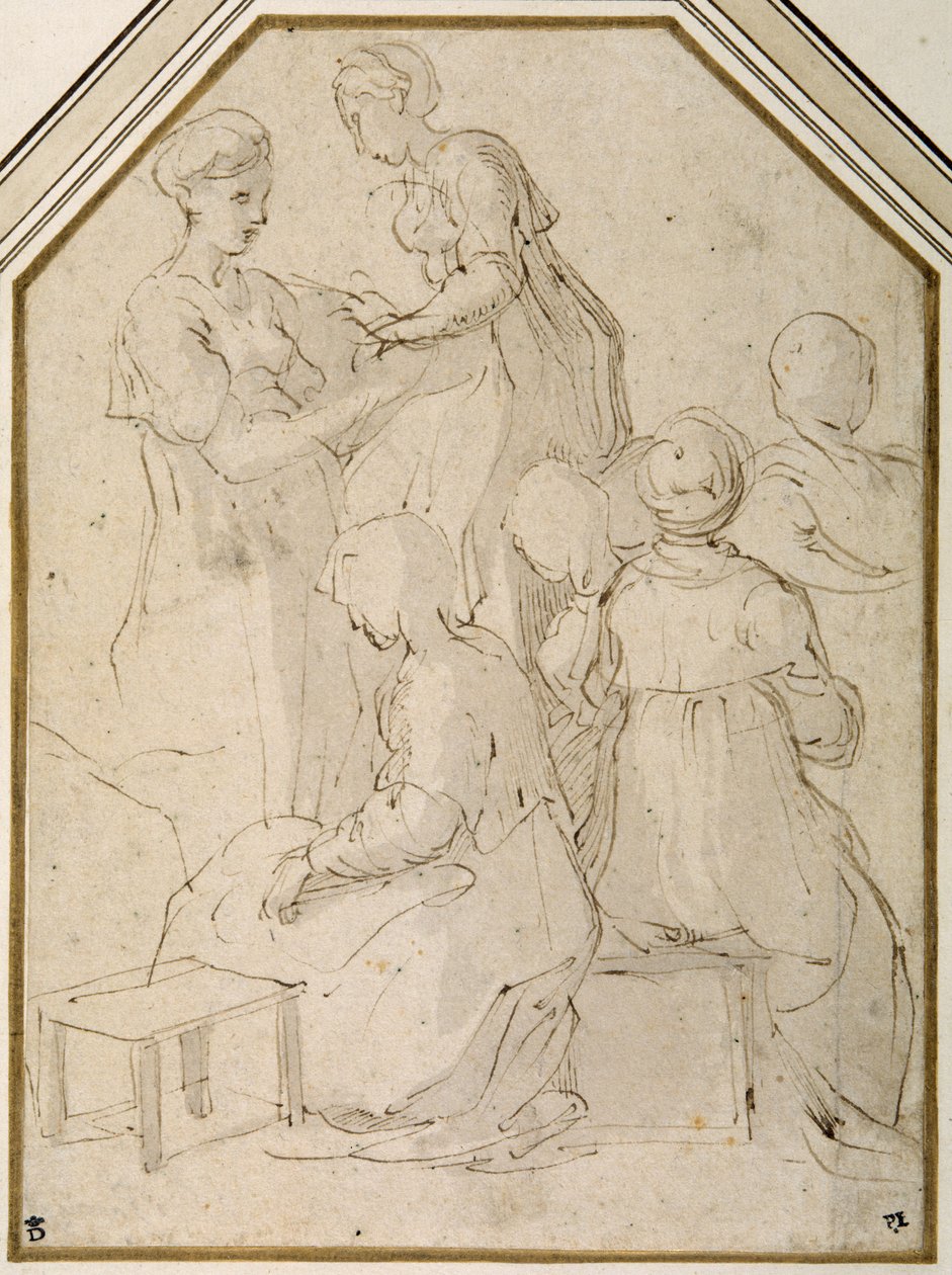 Domestic group, two standing women and four sitting (pen & brown ink with a pale brown wash on white paper) بواسطة بارميجيانينو