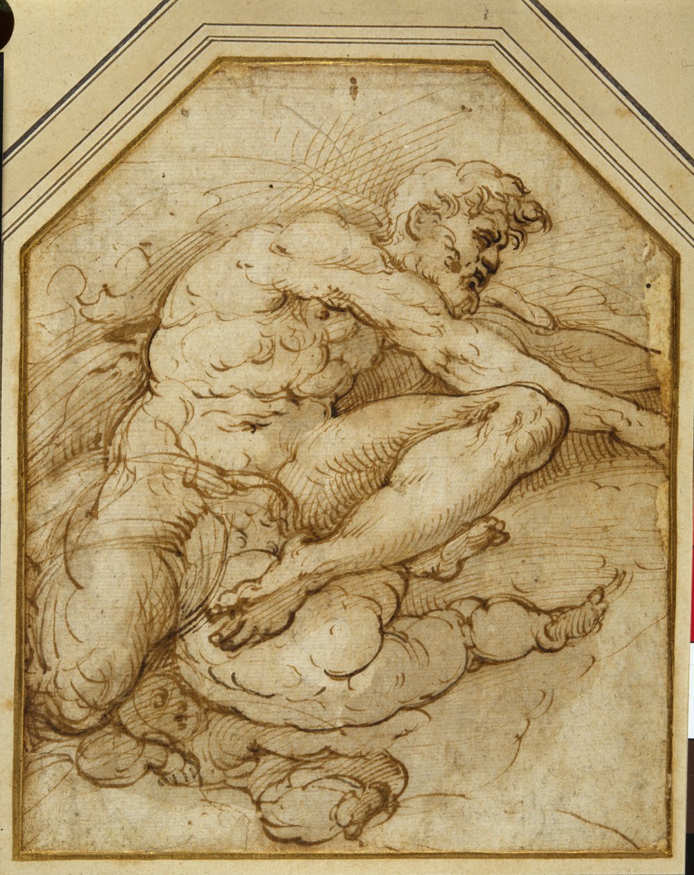 Male figure, born aloft in clouds by putti (pen & brown ink with wash on paper) بواسطة بارميجيانينو