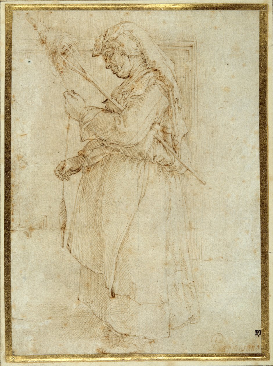 Old woman with a distaff, standing before a fireplace (pen & brown ink on white paper) بواسطة بارميجيانينو