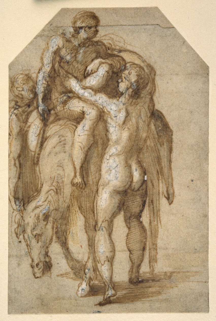 Two nude men lifting a sick man from a tired horse (pen & brown ink with brown wash heightened with white body colour on paper) بواسطة بارميجيانينو