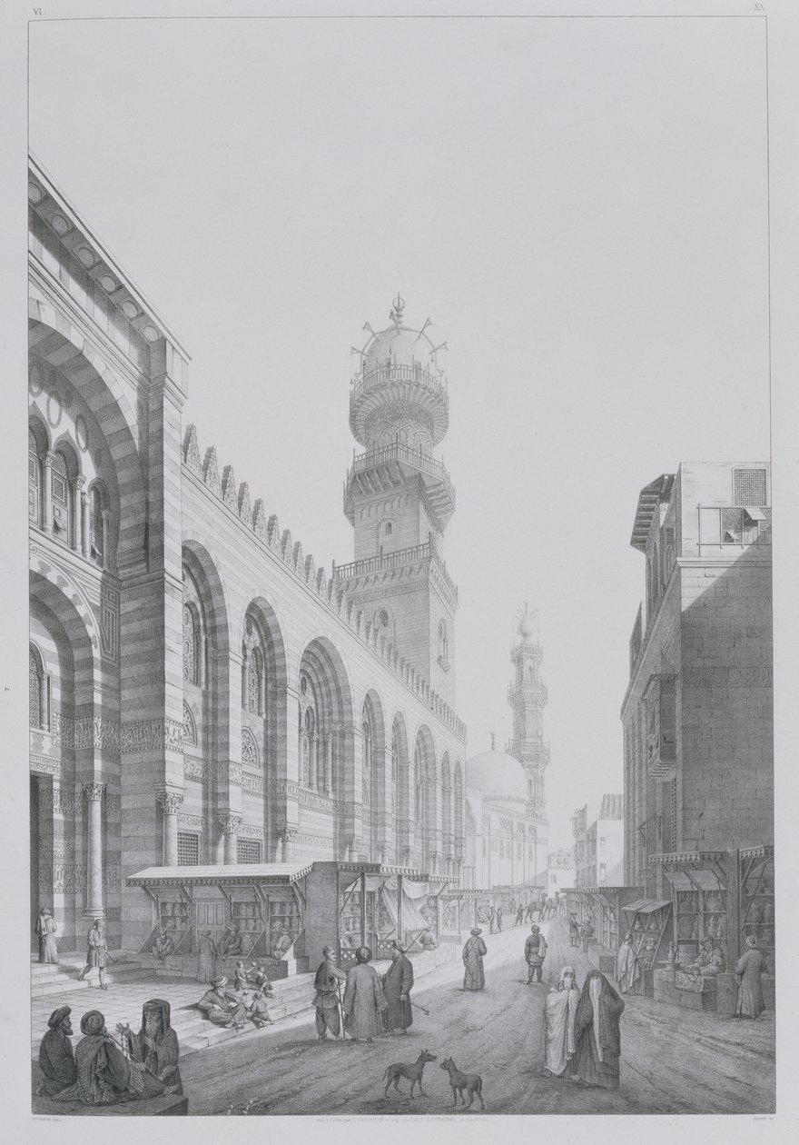 الجزء الخارجي من مسجد قلاوون ، اللوحة 20 من "آثار ومباني القاهرة" ، نقشها أوغست هيبون (1780-1857) 1829 بواسطة باسكال كزافييه كوست