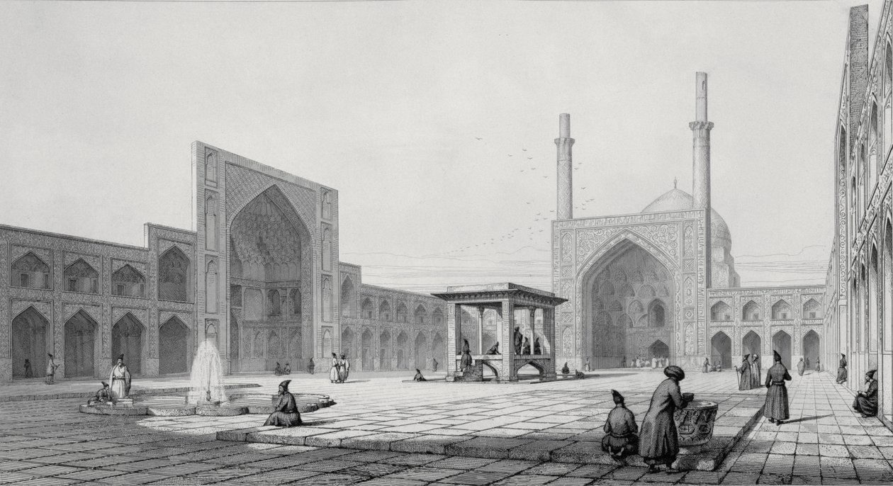 مسجد الجمعة الكبرى (مسجد دجوم آه) في أصفهان ، من "رحلة إلى بيتوريسك" في بلاد فارس ، نقشها أوغست غيوموت ، نشرته ليميرسييه ، باريس ، 1856 بواسطة باسكال كزافييه كوست