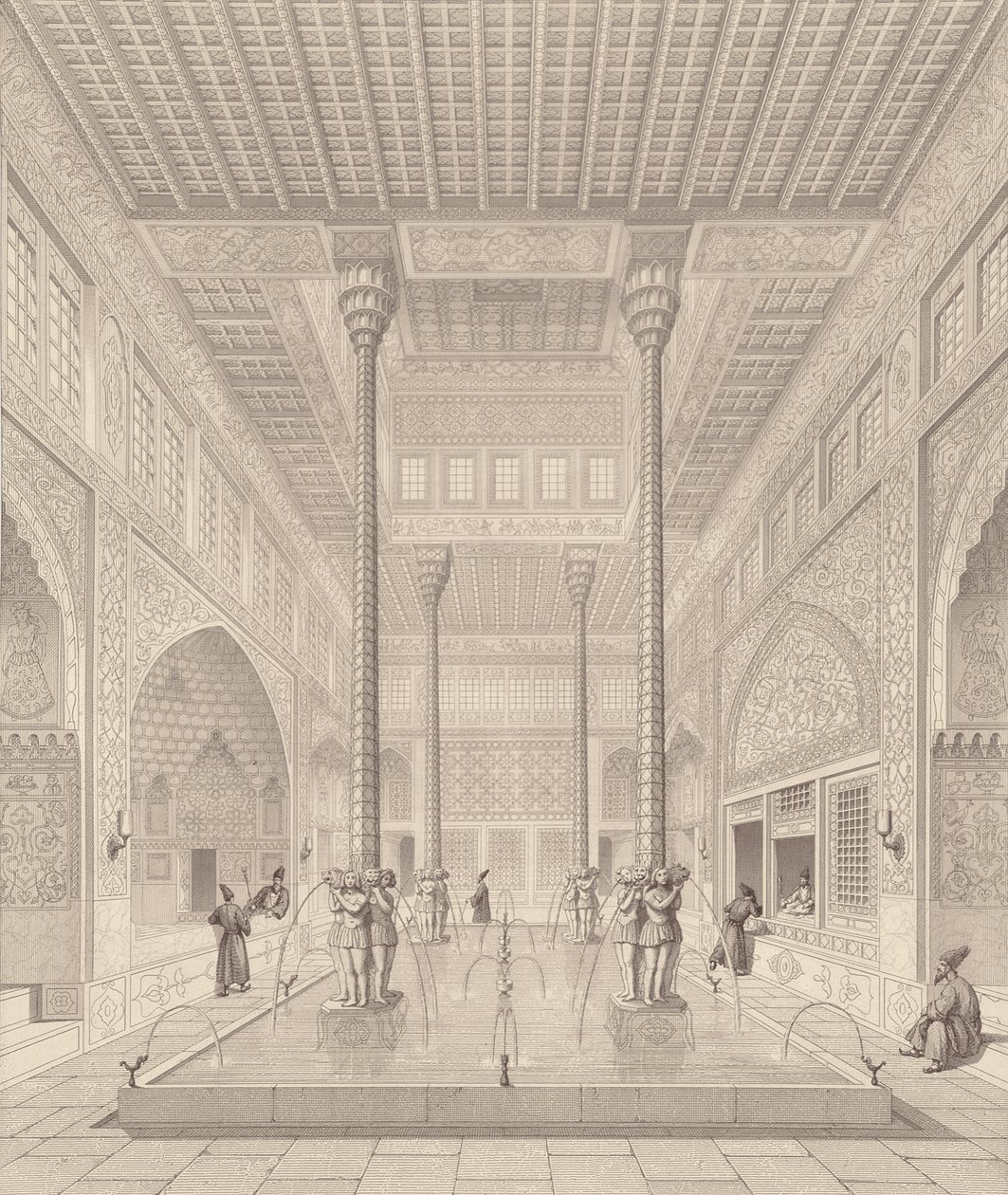 داخل قصر تشار باخ ، أصفهان ، من الآثار الحديثة لبلاد فارس ، نقشها كلود سوفاجوت (1832-1885) وجان تشارلز هوجيت ، 1856 بواسطة باسكال كزافييه بعد كوست