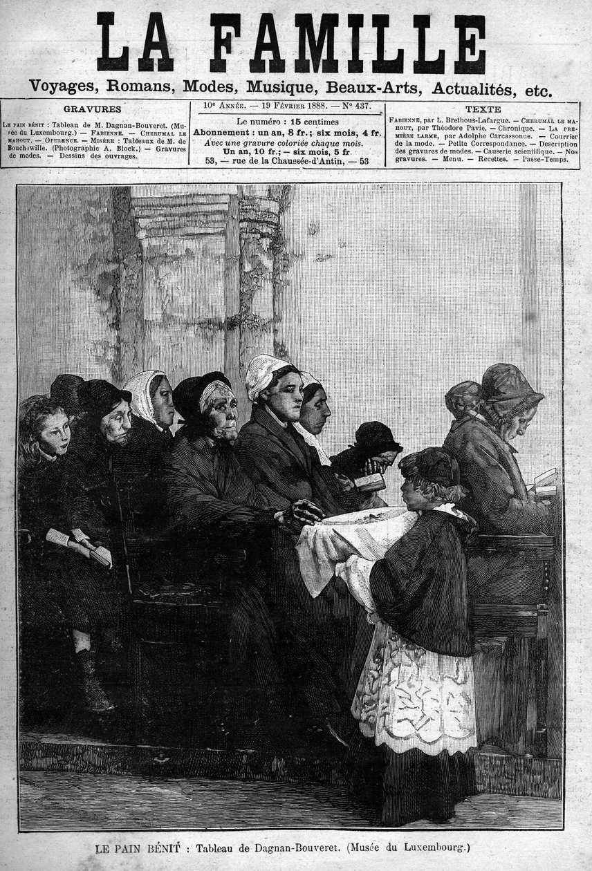 قطعة الخبز المنقوشة منذ عام 1888 بعد لوحة داجنان-بوفيريه. غلاف جريدة "La famille" لعام 1888. بواسطة باسكال أدولف جان داجنان بوفيريه
