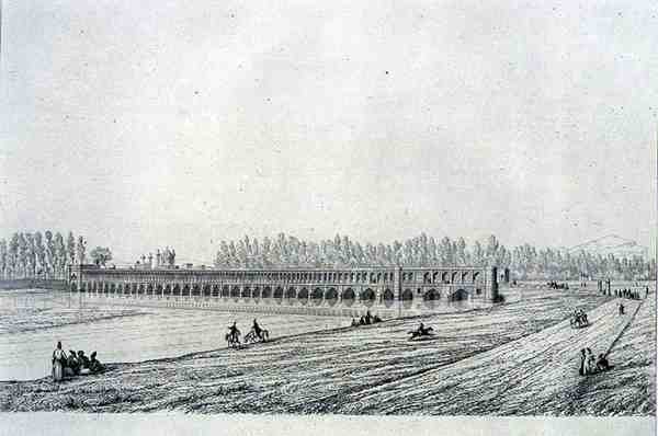 جسر الله فيردي خان ، في أصفهان ، من "رحلة بيتوريسك" من بلاد فارس ، نقشها كلود سوفاجوت (1832-1885) نشره لوميرسييه ، باريس بواسطة باسكال كزافييه (بعد) كوست