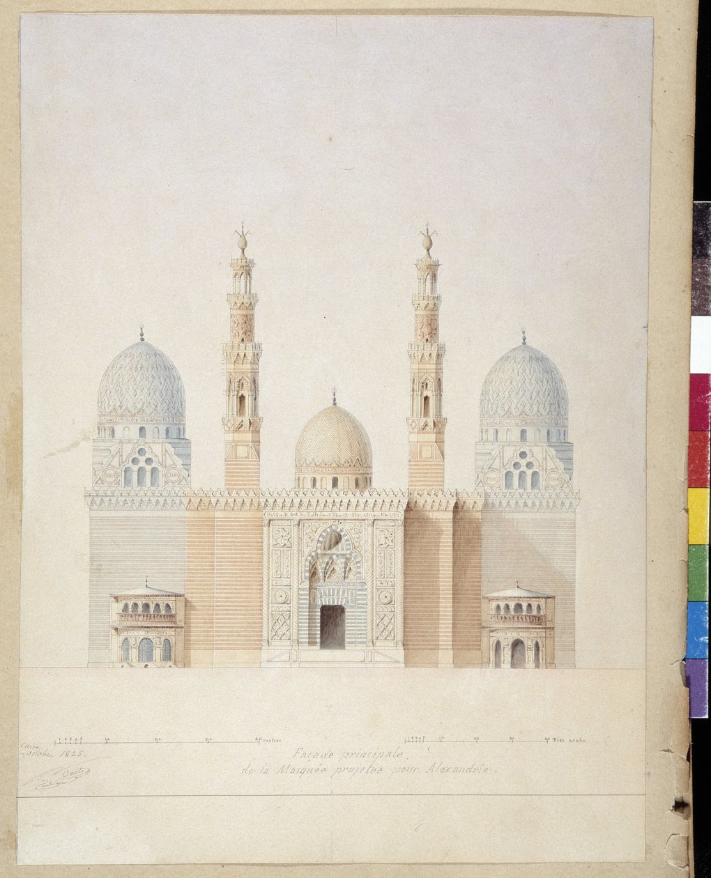 العمارة: مشروع الواجهة الرئيسية لمسجد الإسكندرية. مصر. رسم لباسكال كوست (1787-1879) بواسطة باسكال كزافييه (بعد) كوست