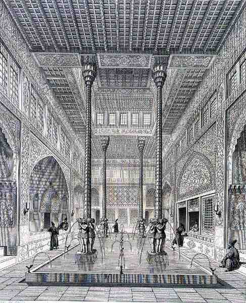 الجزء الداخلي من قصر شهار باغ ، في أصفهان ، من "رحلة بيتوريسك" من بلاد فارس ، نقشها كلود سوفاجوت (1832-1885) وجان تشارلز هوغيت (مواليد 1815) نشره لوميرسيه ، باريس بواسطة باسكال كزافييه (بعد) كوست
