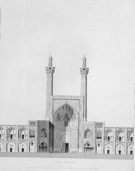 البوابة الرئيسية لمسجد شاه ، أصفهان ، من "آثار بلاد فارس الحديثة" ، نقش بوري بواسطة باسكال كزافييه (بعد) كوست