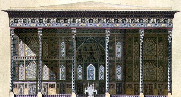 جناح جيهيل سيتون ، أو "الأعمدة الأربعون" ، أصفهان ، اللوحة 42-43 من "الآثار الحديثة لبلاد فارس" ، نقشها أ. ليفي بواسطة باسكال كزافييه (بعد) كوست