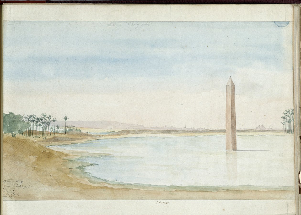 منظر لنهر ومسلة سيسوستريس الأول في هليوبوليس ، مصر. لوحة مائية لباسكال كوست (1787-1879). مكتبة بلدية مرسيليا بواسطة باسكال كزافييه (بعد) كوست