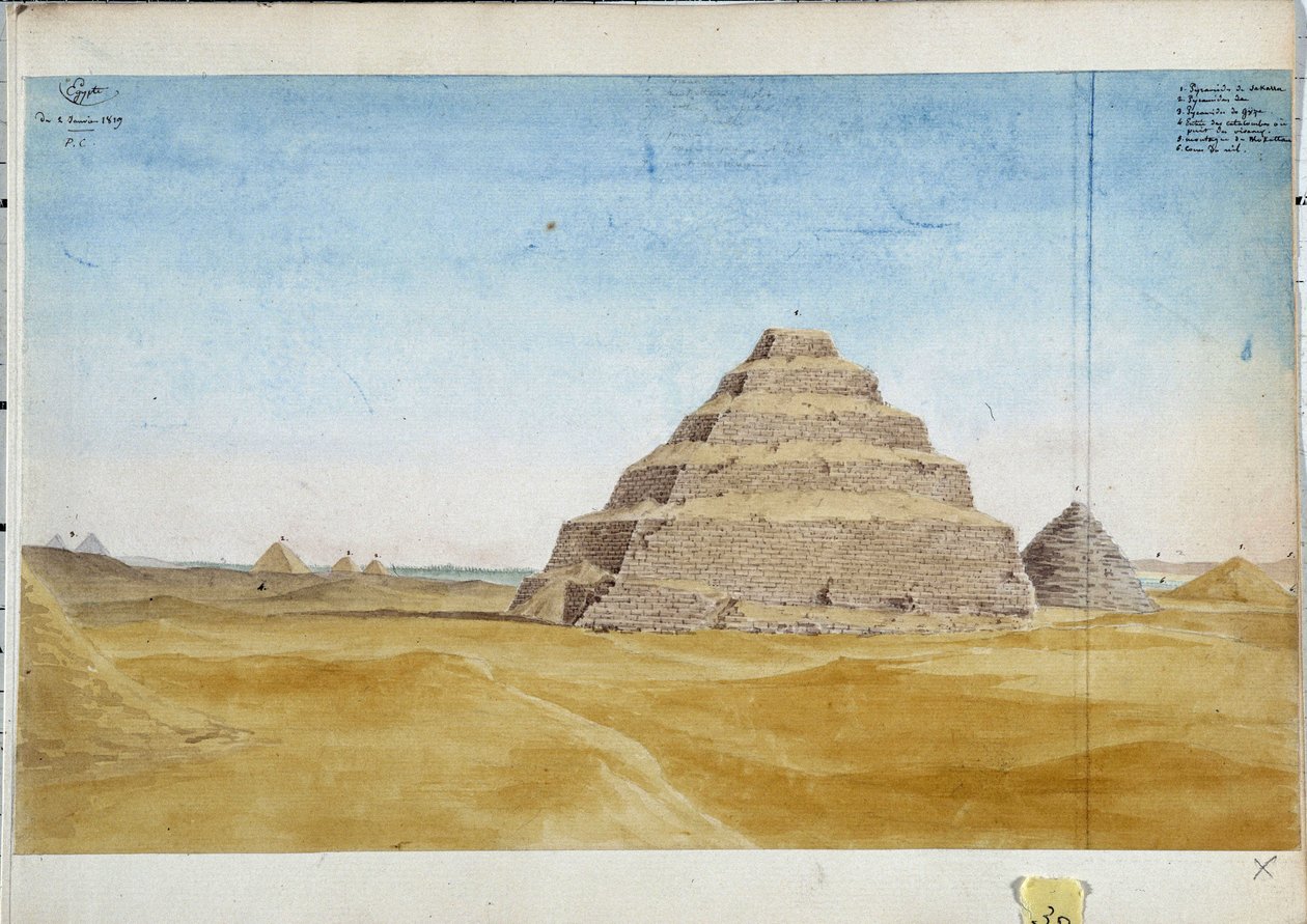 منظر لأهرامات سكارا. مصر يناير 1819 لوحة مائية لباسكال كوست (1787-1879) مكتبة بلدية مرسيليا بواسطة باسكال كزافييه (بعد) كوست