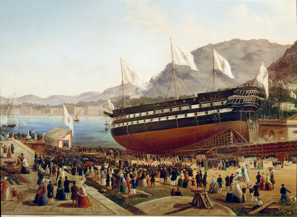 افتتاح السفينة موناركا في ترسانة كاستيلاماري في نابولي عام 1854 التفاصيل - رسم باسكوال دي لوكا (القرن التاسع عشر) نابولي ، متحف ناسيونالي دي سان مارتينو بواسطة باسكوال دي لوكا