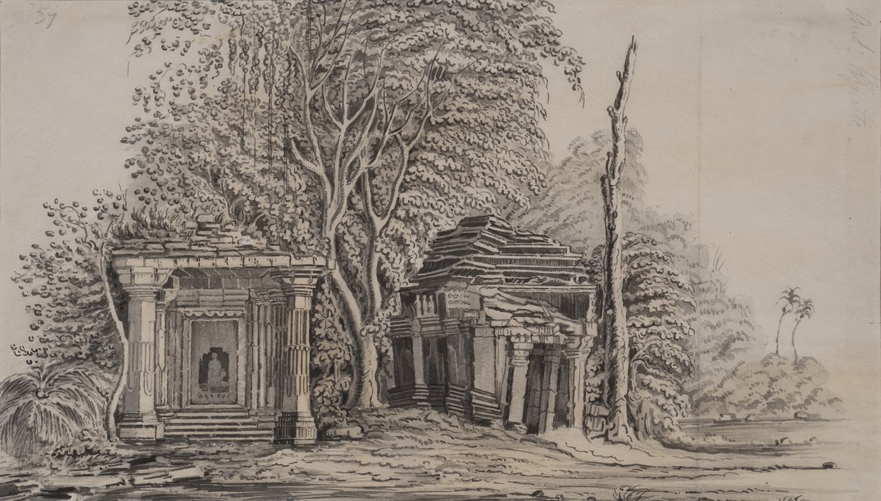 معابد Gunga Bheou ، 1820 (قلم رصاص وغسل على ورق) بواسطة باتريك وو