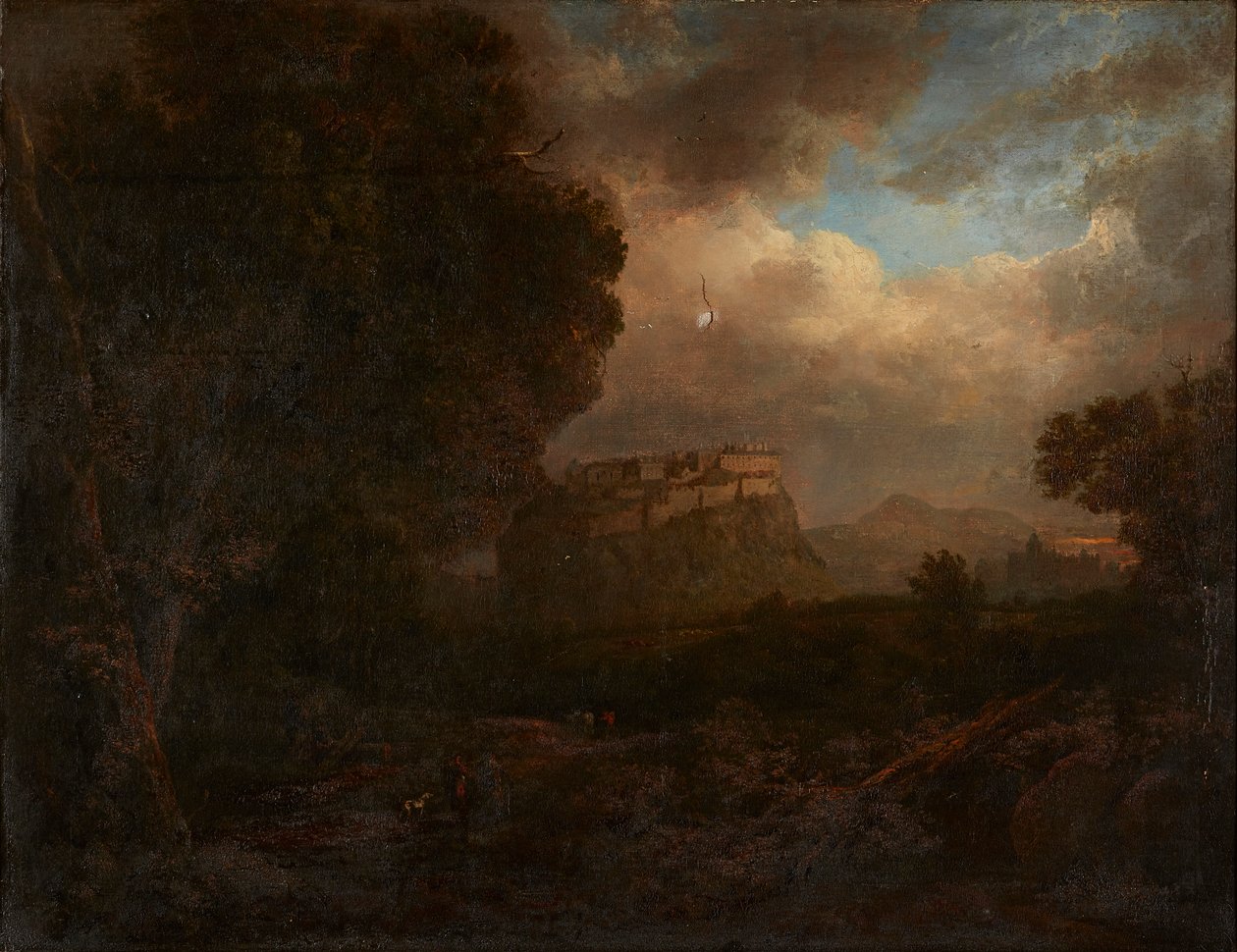 منظر بعيد لإدنبرة مع مسافرين في المقدمة (زيت على قماش) بواسطة باتريك (Attr.to) Nasmyth