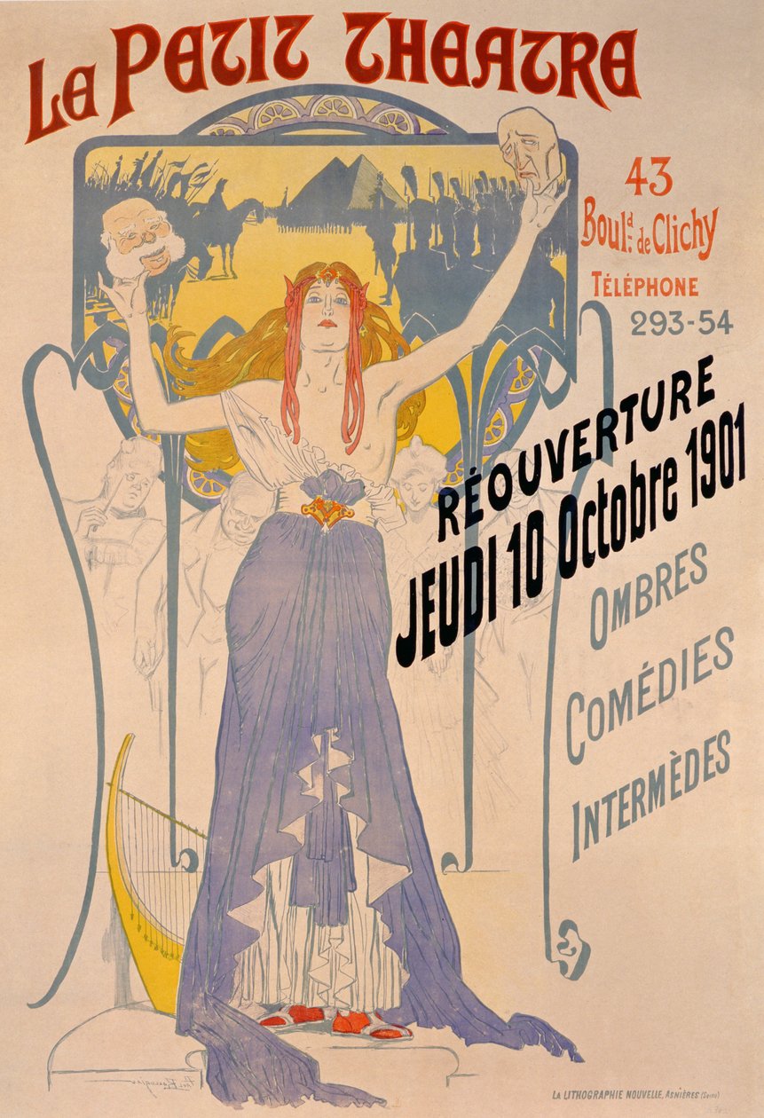 ملصق إعلان إعادة افتتاح مسرح Le Petit في 10 أكتوبر ، بوليفارد كليشي ، باريس ، 1901 بواسطة بول بالورياو