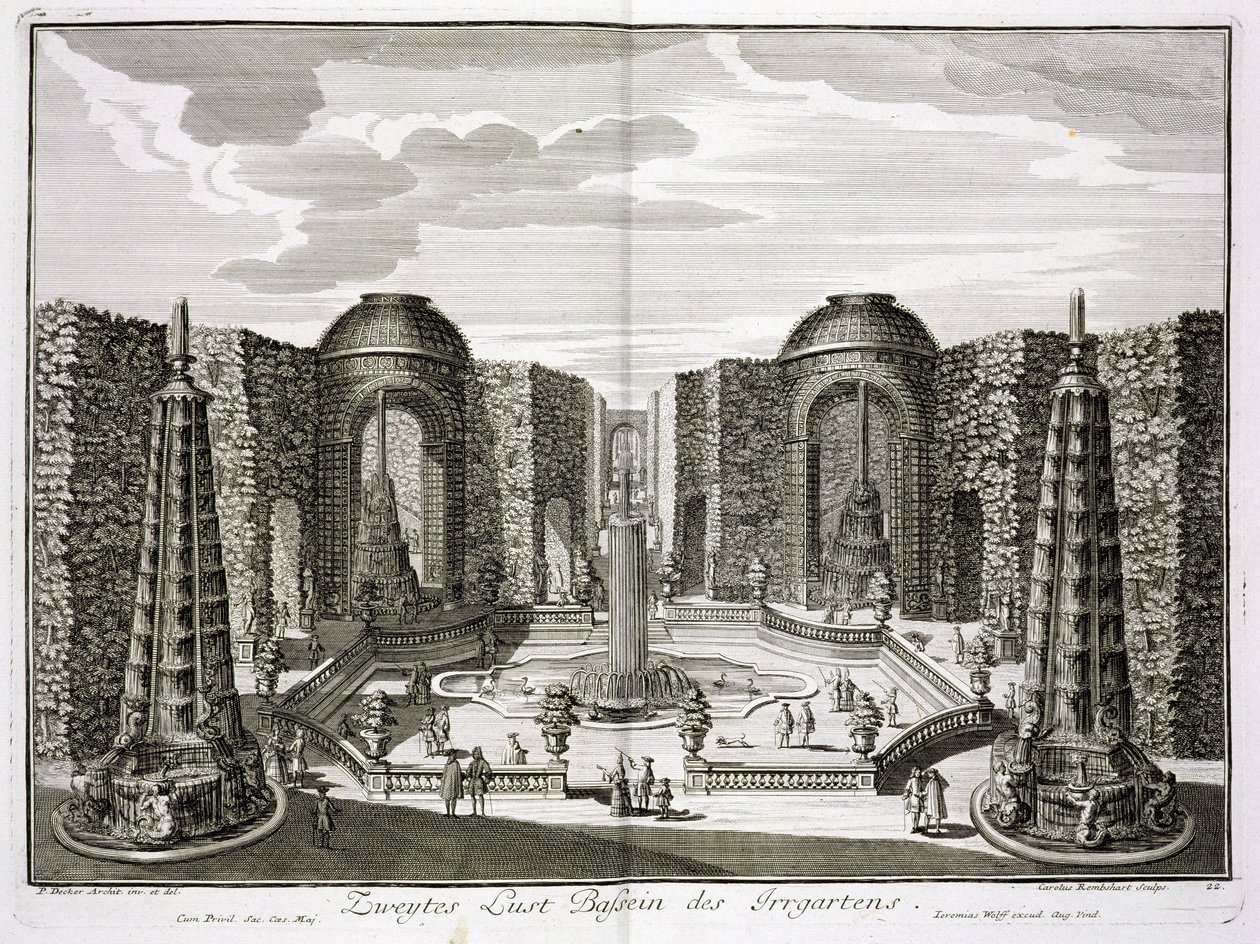 النافورة في المتاهة في قصر وحدائق برينسلي بليجر ، برلين ، محفورة بواسطة كارل رمشار (1678-1735) ، تم نشرها في الفترة من 1711 إلى 1616. بواسطة بول ديكر