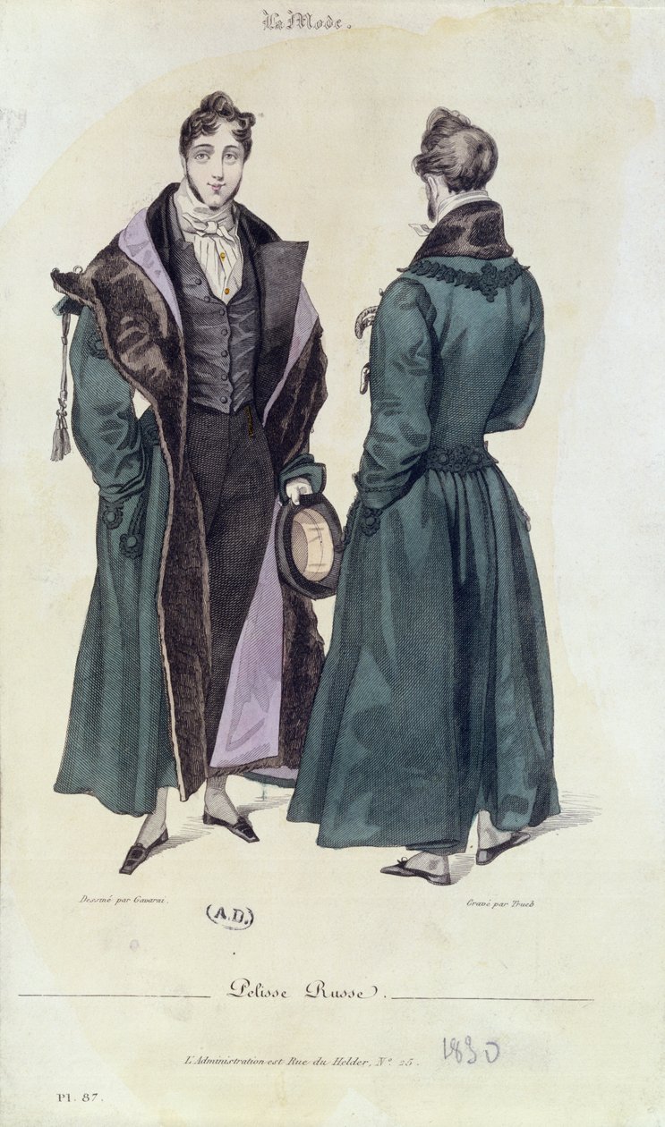 لوحة أزياء فرنسية من Pelisse Russe ، 1830 (نقش ملون) بواسطة بول جافارني