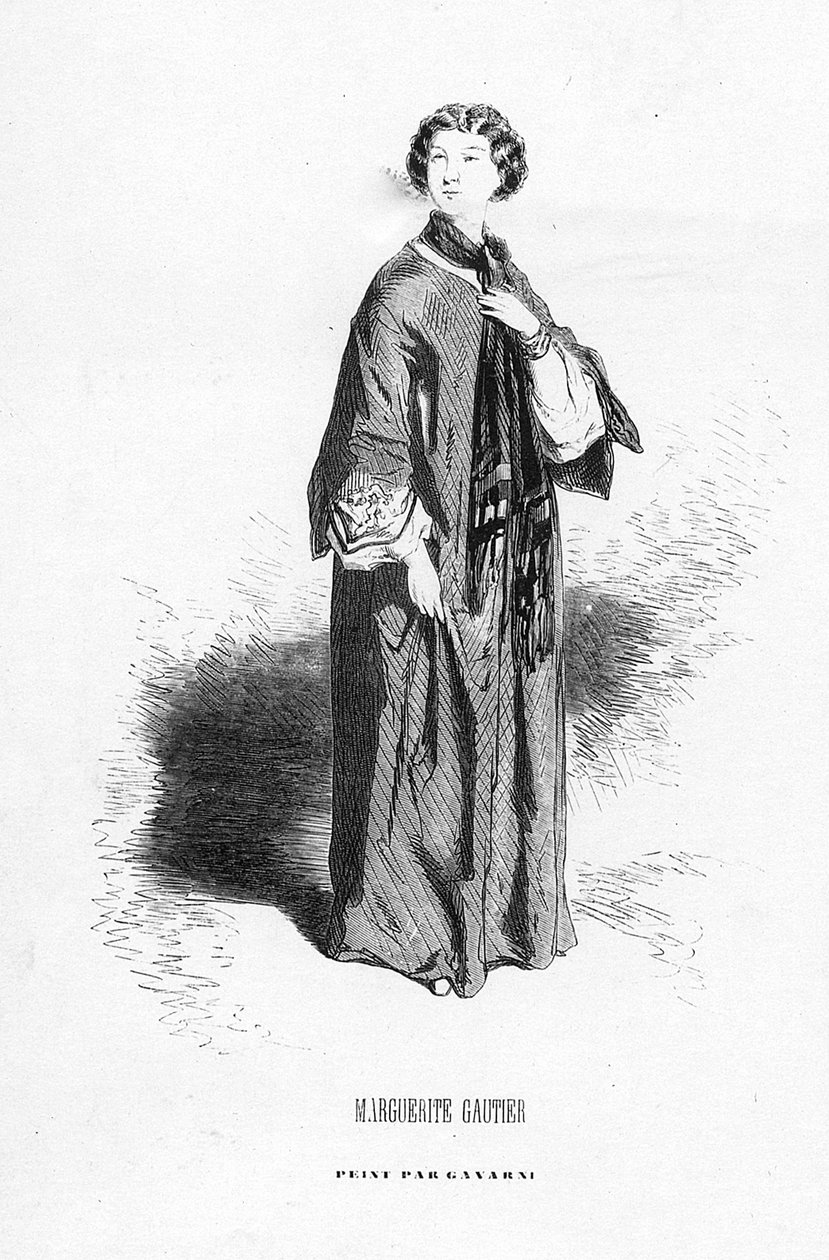 Marguerite Gautier ، رسم توضيحي من "La dame aux camelias" تأليف الكسندر دوماس ، طبعة نُشرت عام 1858 بواسطة بول جافارني