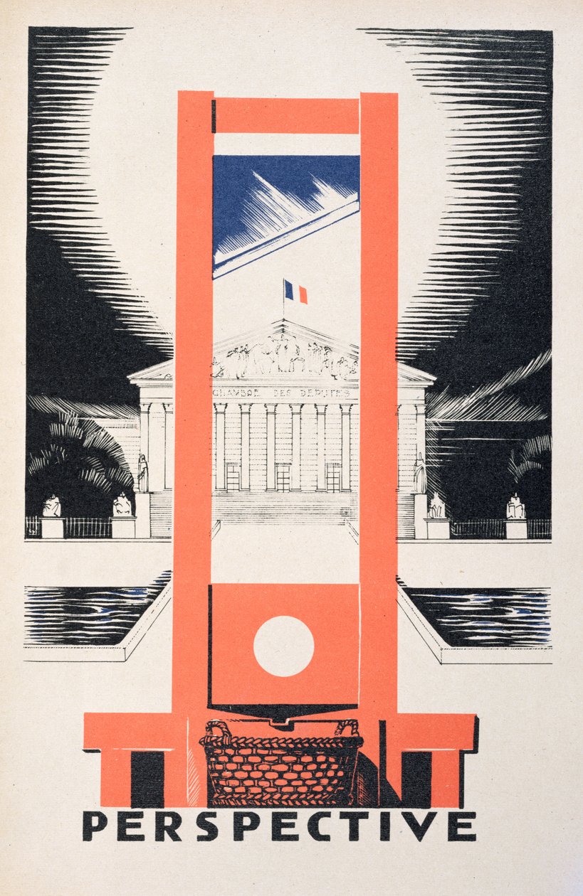 "منظور" ، المقصلة التي تواجه الجمعية الوطنية ، توضيح من "Parlons Francais" بقلم Paul Iribe (1883-1935) ، نشره Flories Floury ، باريس 1934 بواسطة بول ايريبي