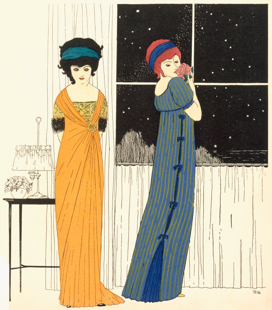 فستانان للسهرة من خط الإمبراطورية ، من "Les Robes de Paul Poiret" 1908 (طبعة استنسل) بواسطة بول ايريبي