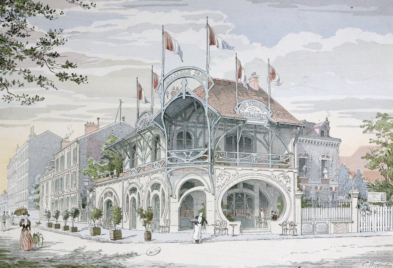 مقهى على طراز فن الآرت نوفو من تصميم G. Guyon في سانت موريس بالقرب من باريس ، رسم توضيحي من &39;L&39;Arch architecture Usuelle&39; ، منقوش بواسطة E. Rivoalen (نقش ملون) بواسطة بول جوزيف فيكتور دارجود