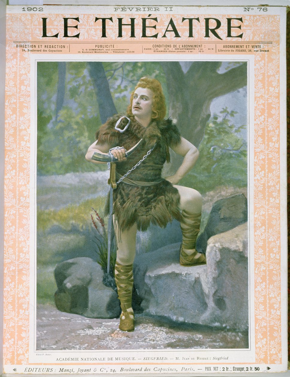 الغلاف الأمامي لمجلة "Le Theatre" التي تصور جان دي ريزكي (1850-1925) باسم Siegfried في "Siegfried" بواسطة Wagner ، 11 فبراير 1902 بواسطة بول نادر