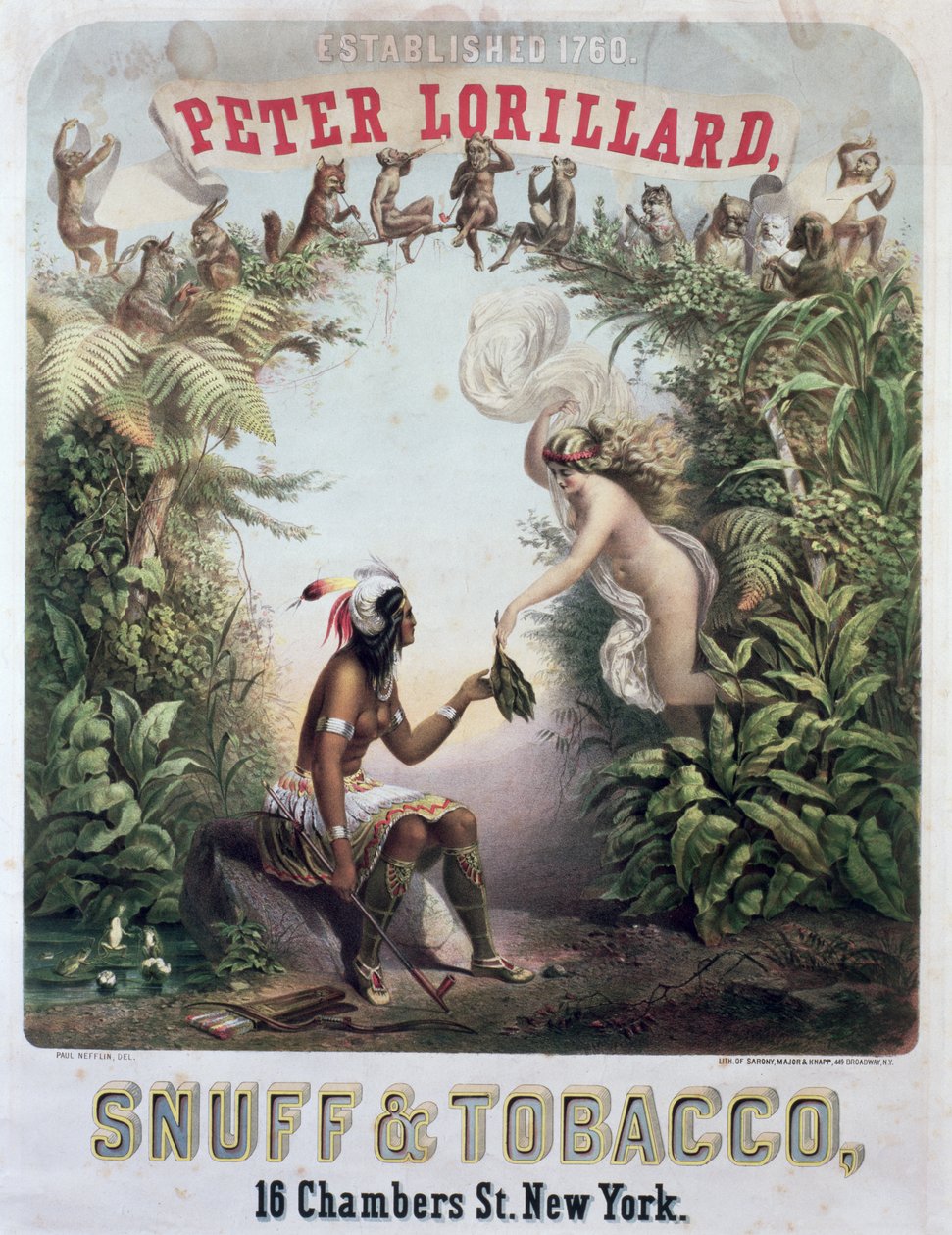 إعلان عن Snuff and Tobacco ، منقوش بواسطة Sarony ، Major and Knapp ، New York ، c.1860 بواسطة بول نيفلين